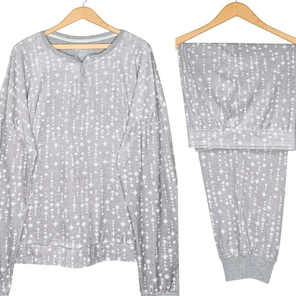 Nautica Celestial Stars Pajama Set XXL 2XL Gray Plush Fleece Henley Jogger Pants